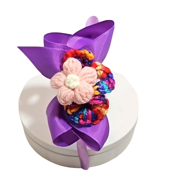 Hand Crafted Purple Bow Handmade Crochet Puffy Flower embellished with Rainbows - Picture 3 of 17